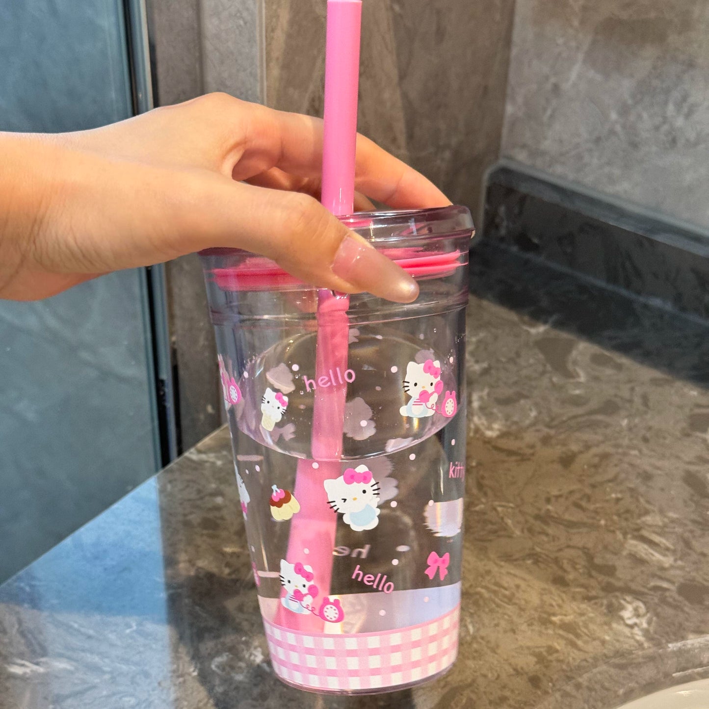 Hello Kitty Summer Plastic Cold Cup With Lid And 2 Straws On The Go Or At Home