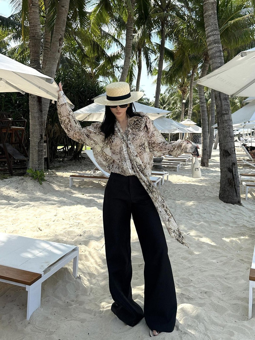 rovente Professional Office Natural Waist Black Pinstripe Polyester Long Wide Leg Pants