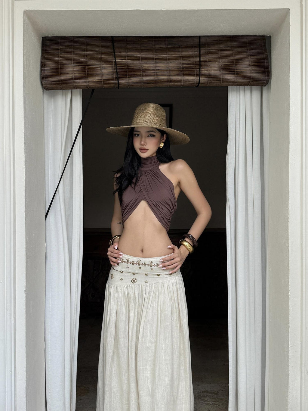 rovente Soft Modal Stretch Slim Halter Neck Cropped Solid Coffee Brown Camisoles