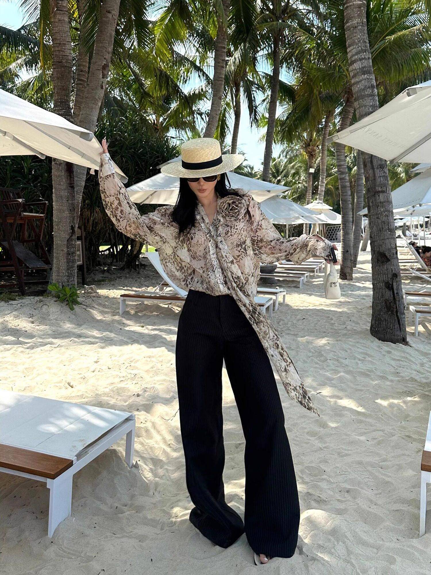 rovente Professional Office Natural Waist Black Pinstripe Polyester Long Wide Leg Pants