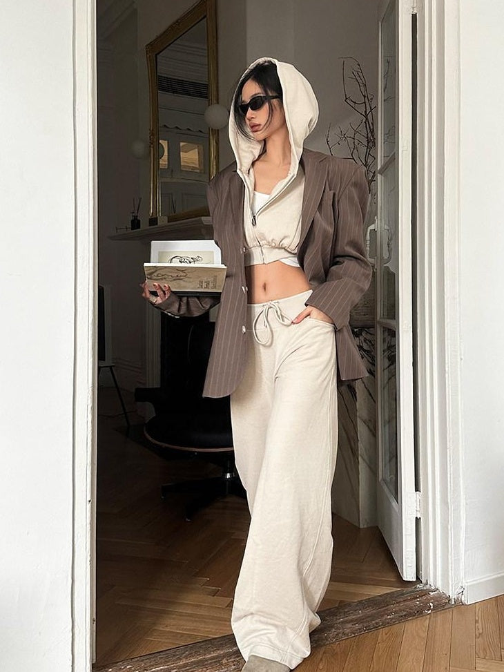 rovente High Waist Cropped Hooded Zipper Cotton Khaki Women Long Sleeve Cop Tops