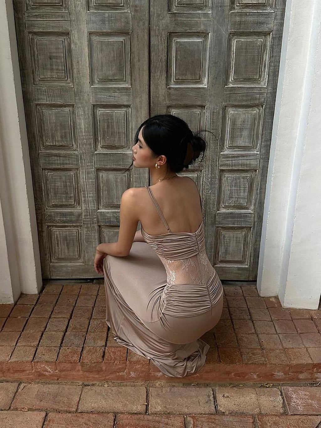 rovente Stretchy Knit Bodycon Camisole Date Night Dress Khaki For Women Maxi Desses