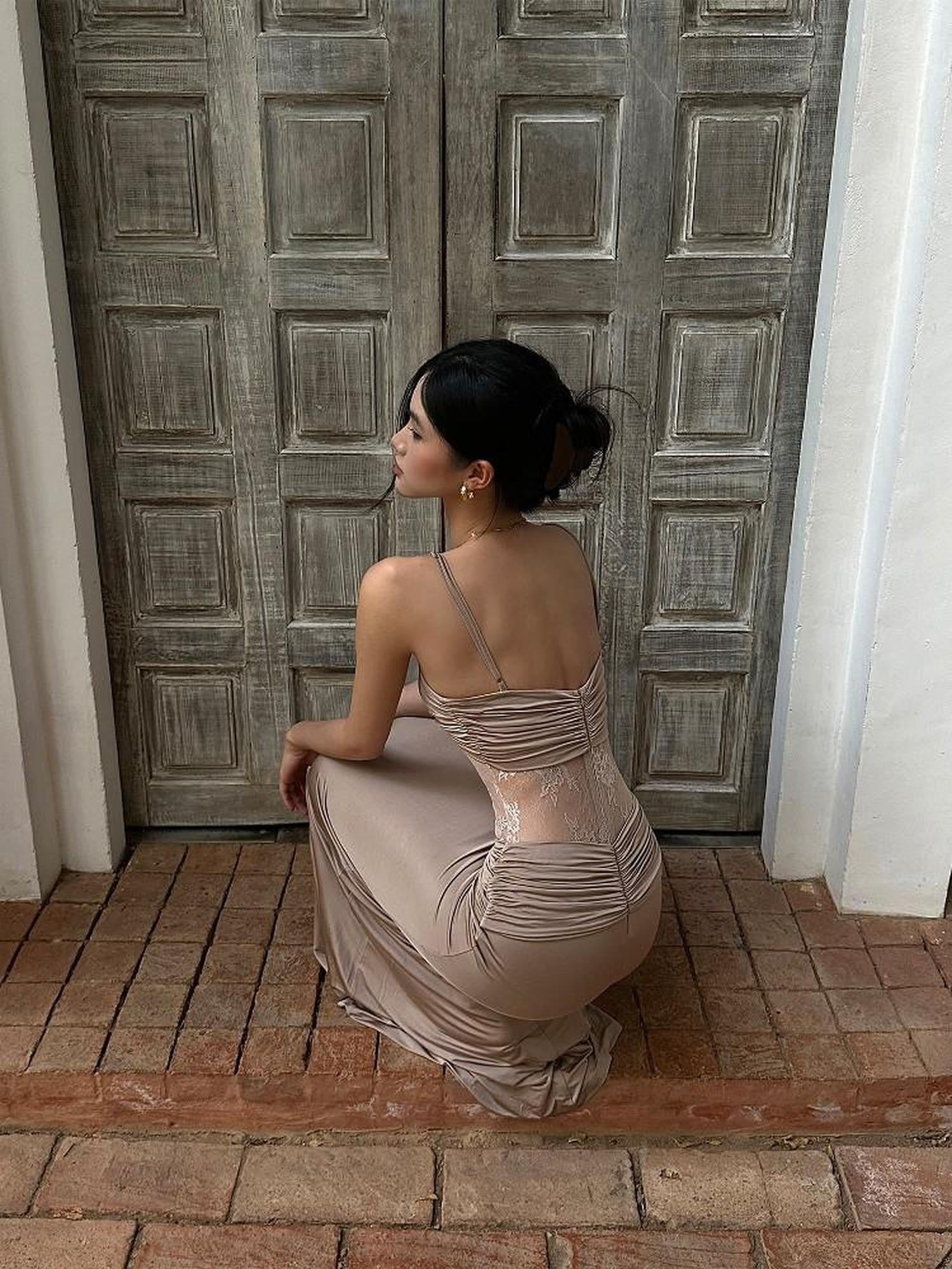 rovente Stretchy Knit Bodycon Camisole Date Night Dress Khaki For Women Maxi Desses
