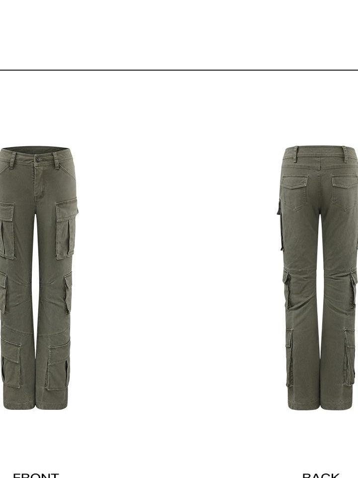 rovente Pure Cotton Zipper Pocket Casual Cargo Straight Leg Women Green Cago Pants
