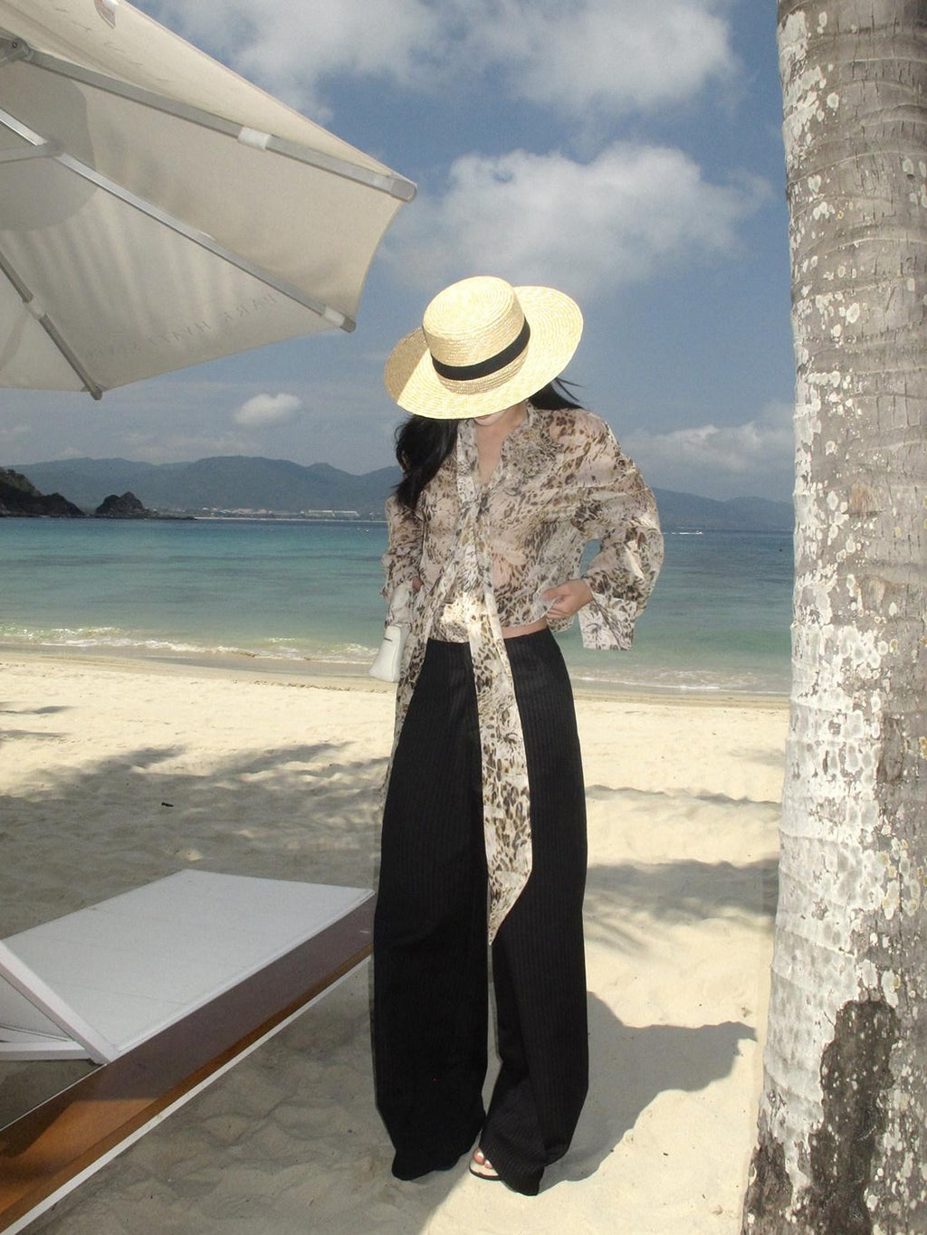 rovente Professional Office Natural Waist Black Pinstripe Polyester Long Wide Leg Pants