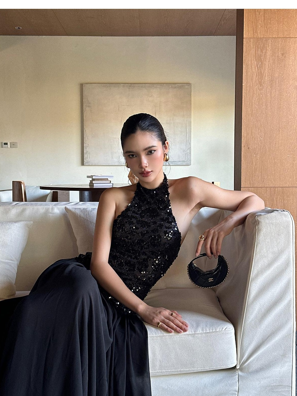 rovente test Shimmer Sequin Halter Neck Natural Waist Banquet Black Stretch Maxi Dresses