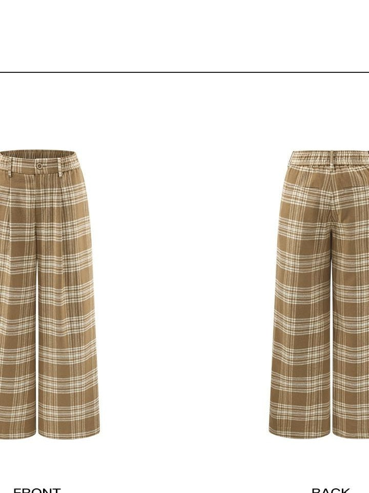 rovente 100% Cotton Plaid Casual Relaxed Zipper Natural Waist Women Wide Leg Pants