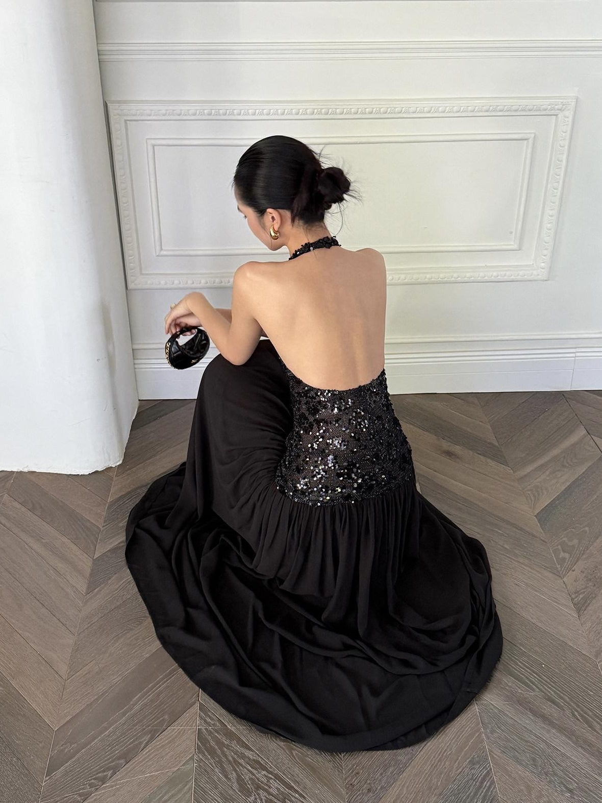 rovente Elegant Sequin Halter Natural Waist Party Black Stretch Maxi Desses