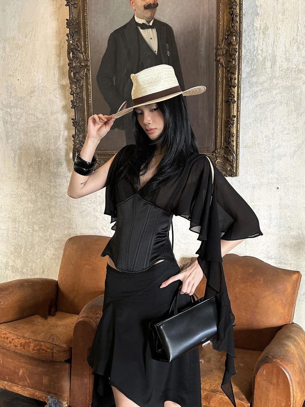 rovente Elegant Lined Asymmetric Low Waist Fishtail Slim Woven Black Midi Skits