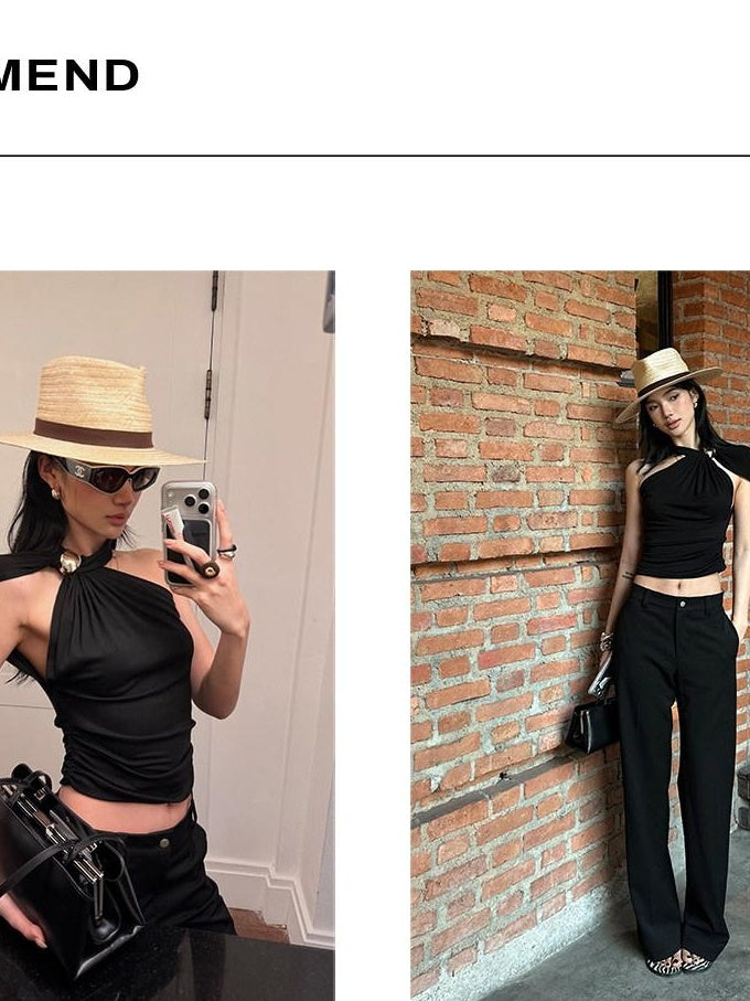 rovente Low Waist Zip Pockets Minimalist Casual Women Straight Black Staight Pants