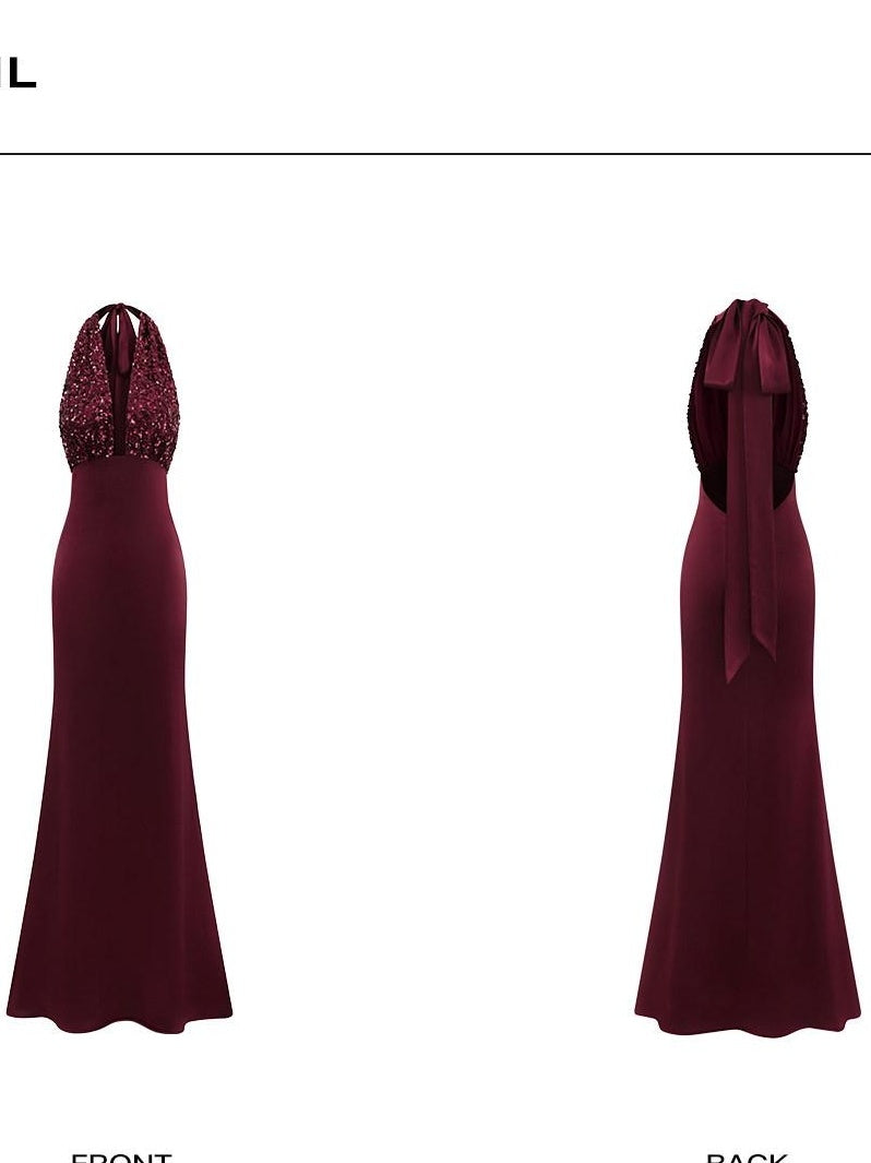 rovente Shimmer Sequin Halter Bodycon Sleeveless Women Evening Red Maxi Desses