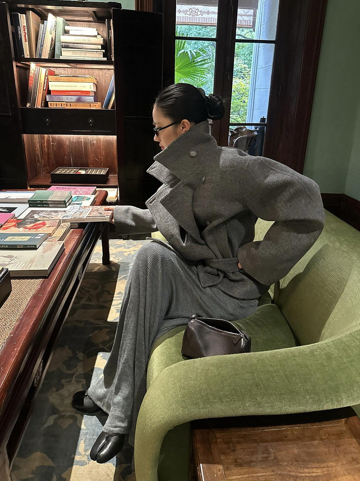 rovente Warm Thick Stand Collar Loose Korean Pocket Women Dark Gray Wool Coats