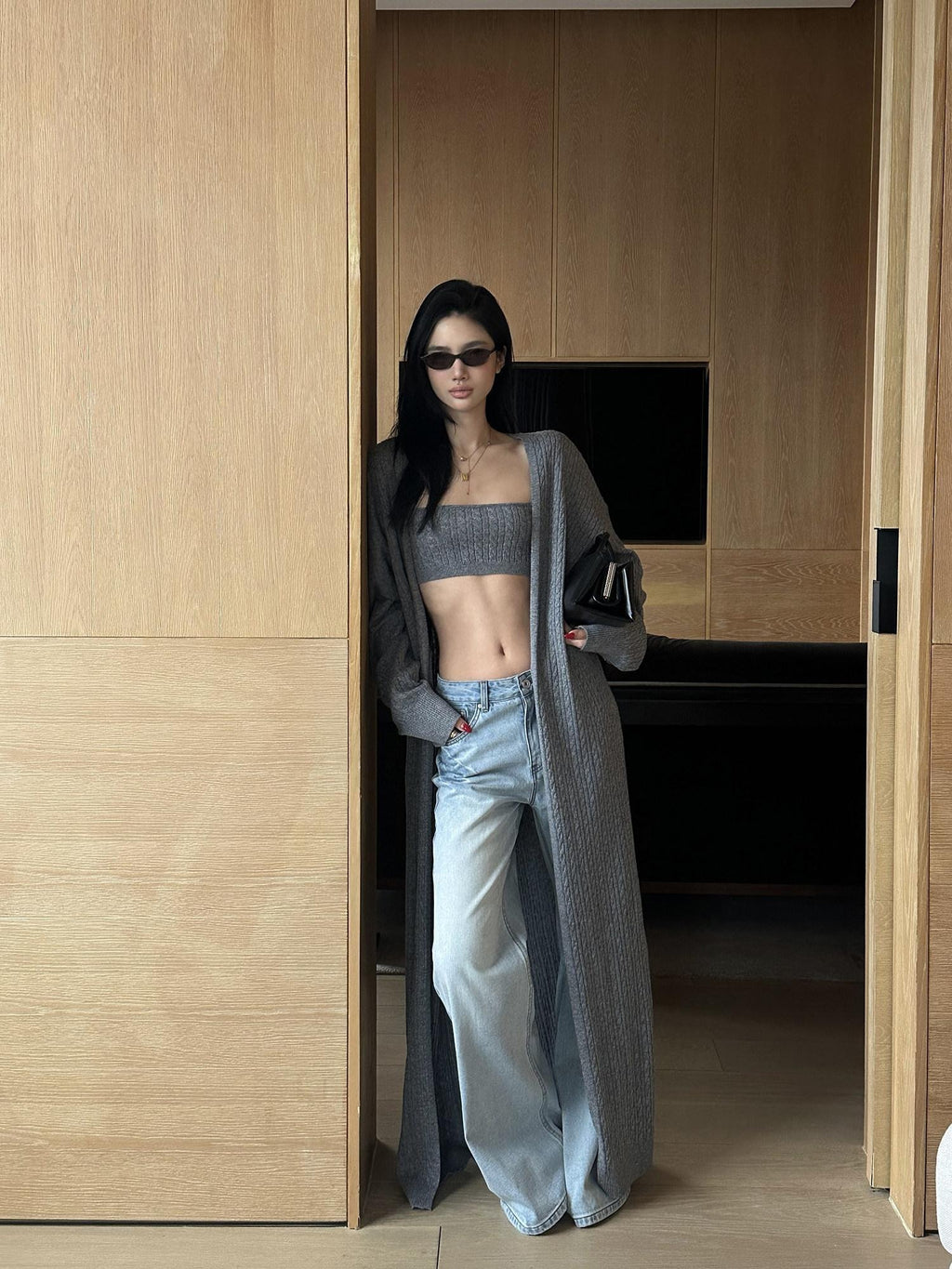 rovente Soft Wool Blend Minimalist Loose Longline Women Gray Knit Buttonless Cadigans