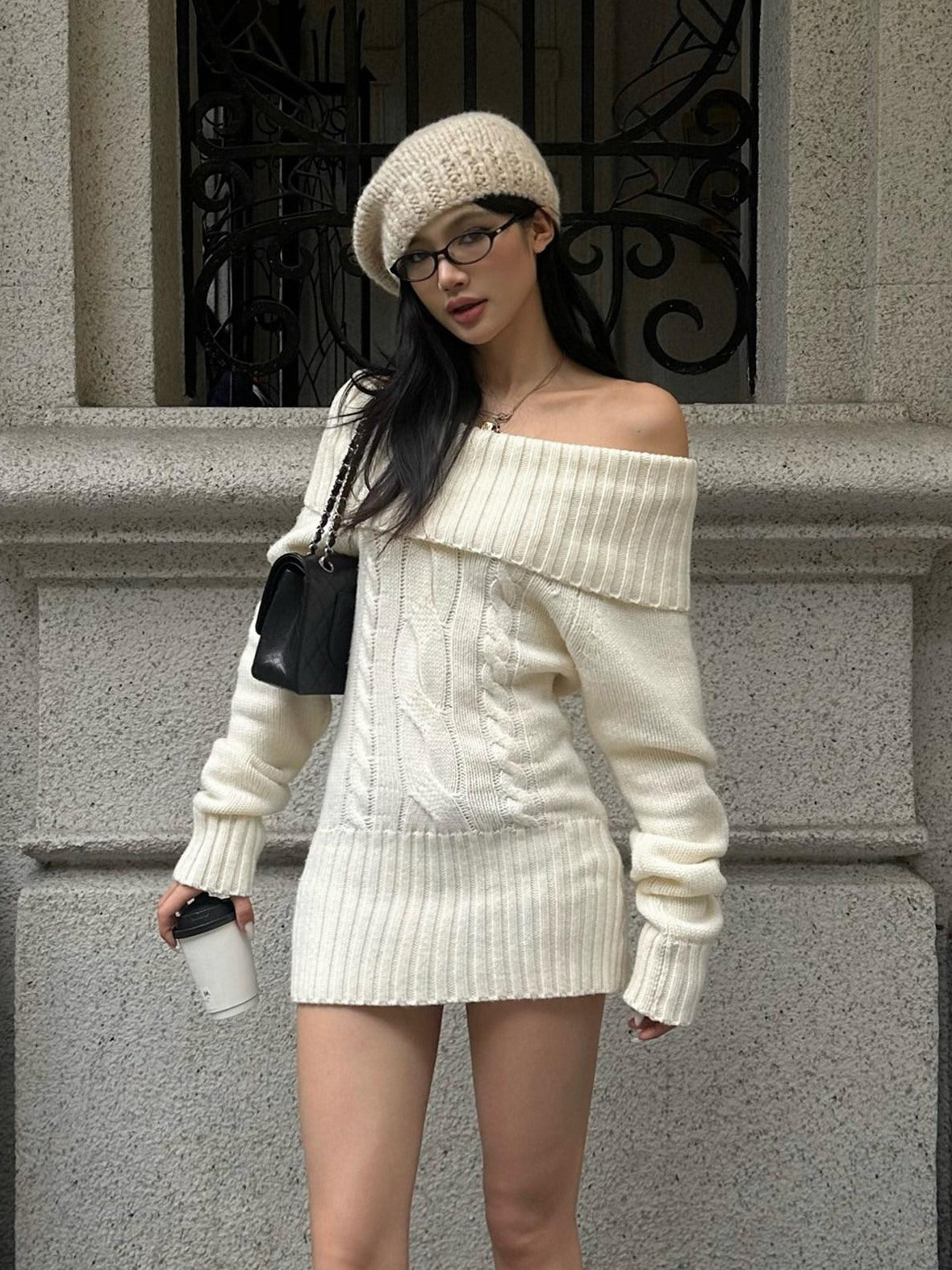 rovente Cozy Knit Off Shoulder Longsleeve Loose Fit Workwear Pullover Almond Mini Desses