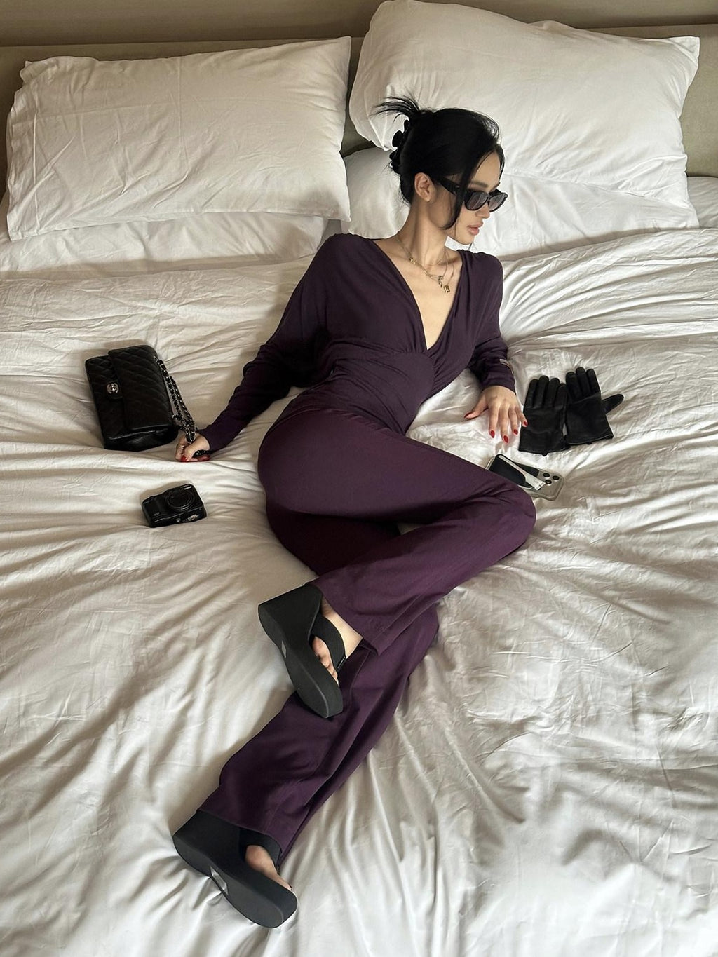 rovente Lyocell Wool Knit Slim V-neck Casual Women Purple Black Top & Pants Sets