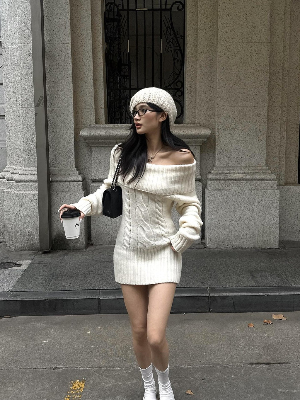 rovente Cozy Knit Off Shoulder Longsleeve Loose Fit Workwear Pullover Almond Mini Desses