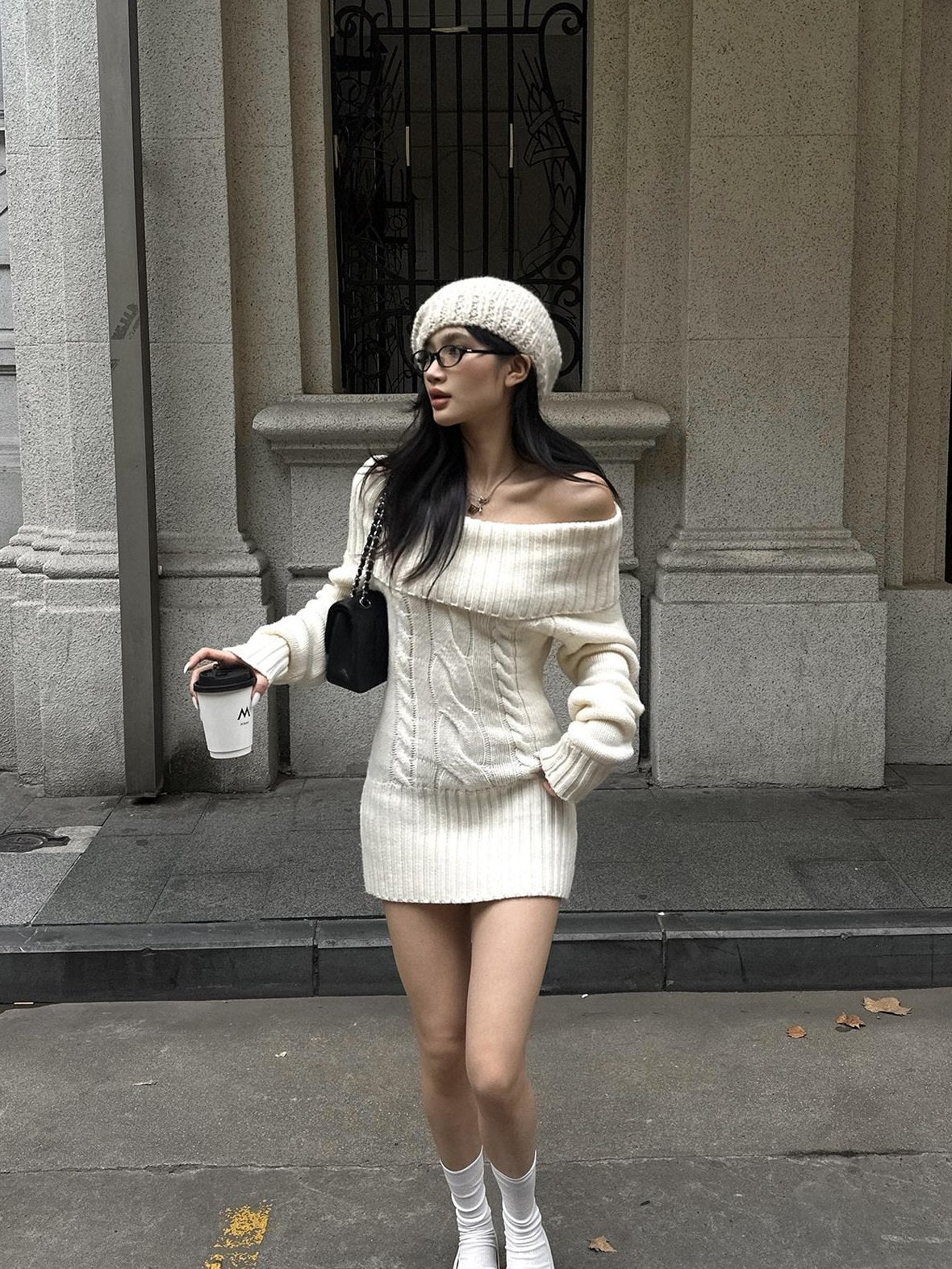 rovente Cozy Knit Off Shoulder Longsleeve Loose Fit Workwear Pullover Almond Mini Desses