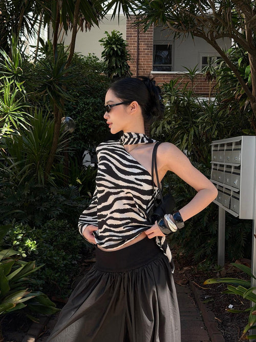 rovente Black White Zebra Contrast Loose Sleeveless Slant Neck Rayon Off Shoulde Cop Tops