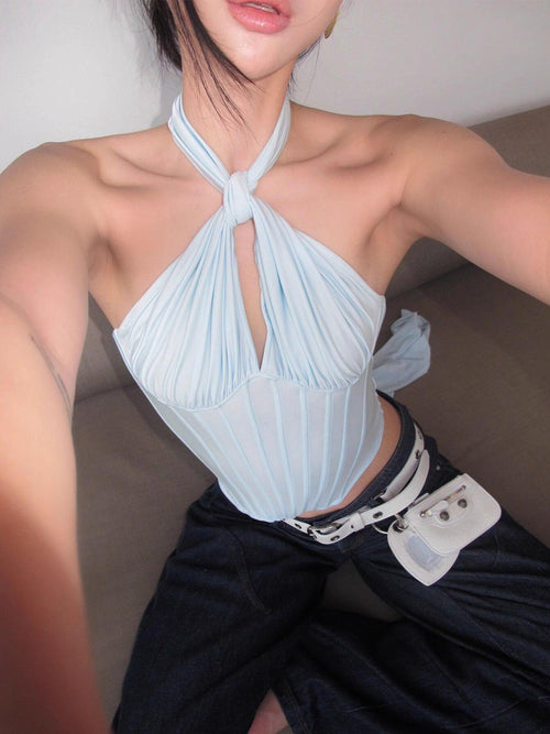 rovente Built In Padding Sexy Halter Slim Fit Women Blue Nylon Spandex Halte Cop Tops