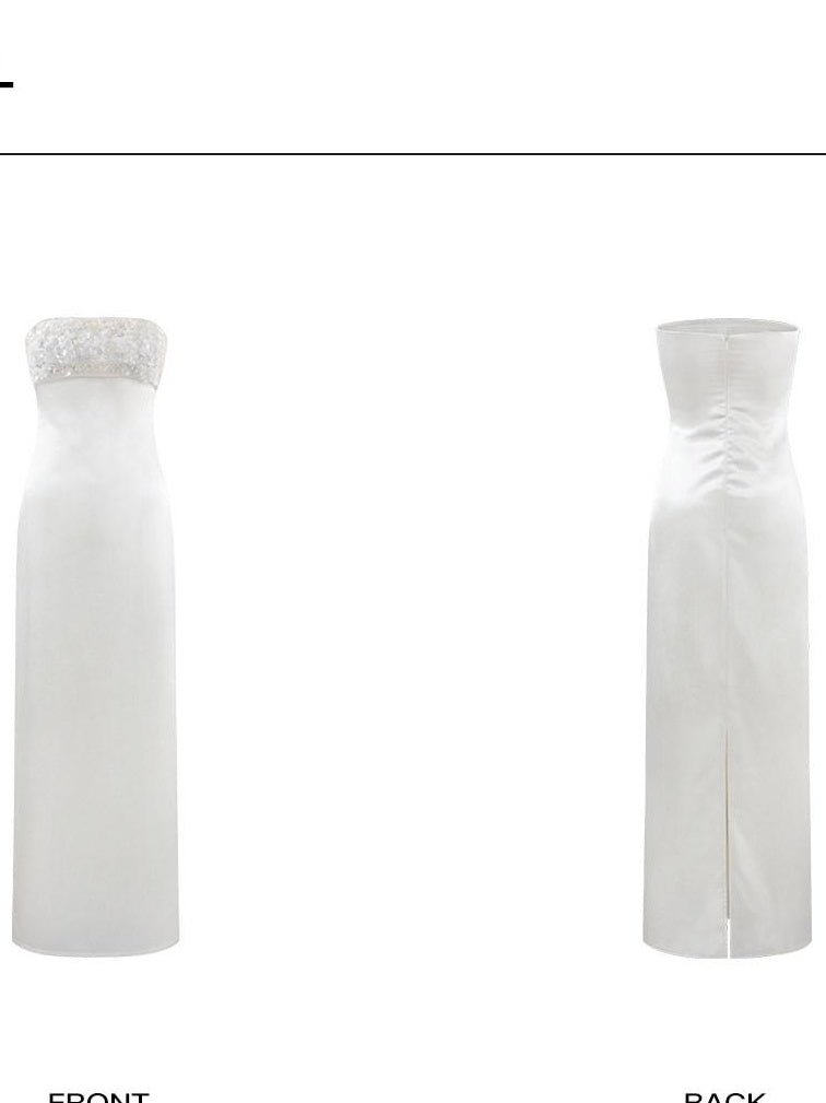 rovente Sparkling Sequin Elegant Fitted Strapless Zipper Evening Party White Maxi Desses