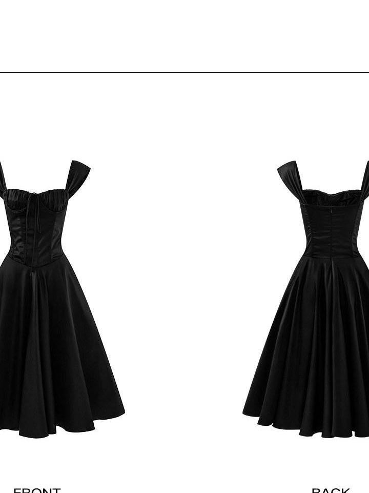 rovente High Waist A Line Sleeveless Back Zipper Women Casual Black Woven Midi Desses