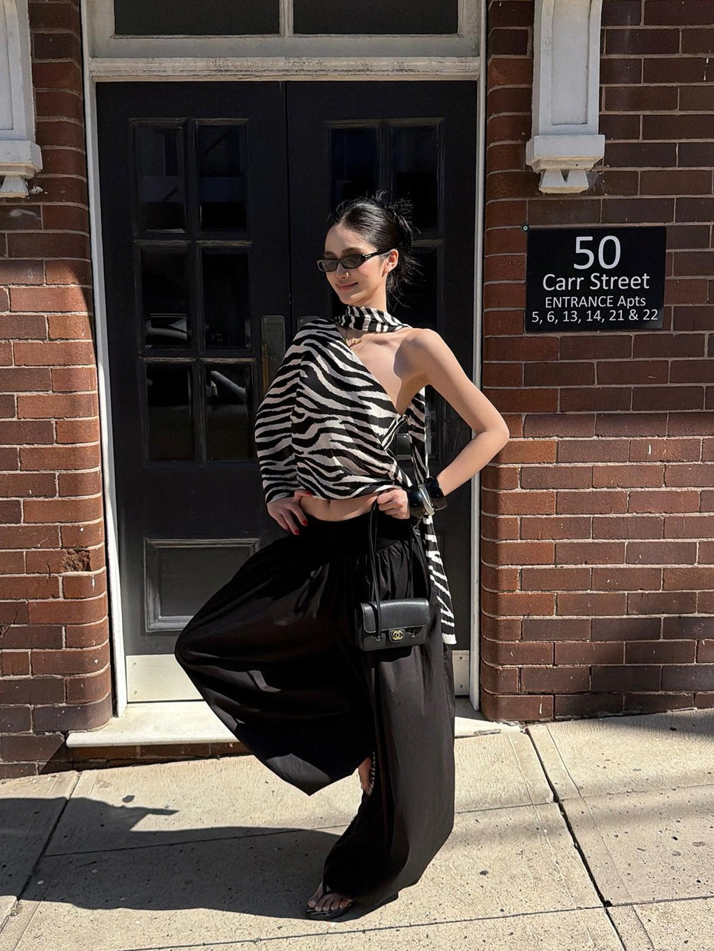 rovente Black White Zebra Contrast Loose Sleeveless Slant Neck Rayon Off Shoulde Cop Tops