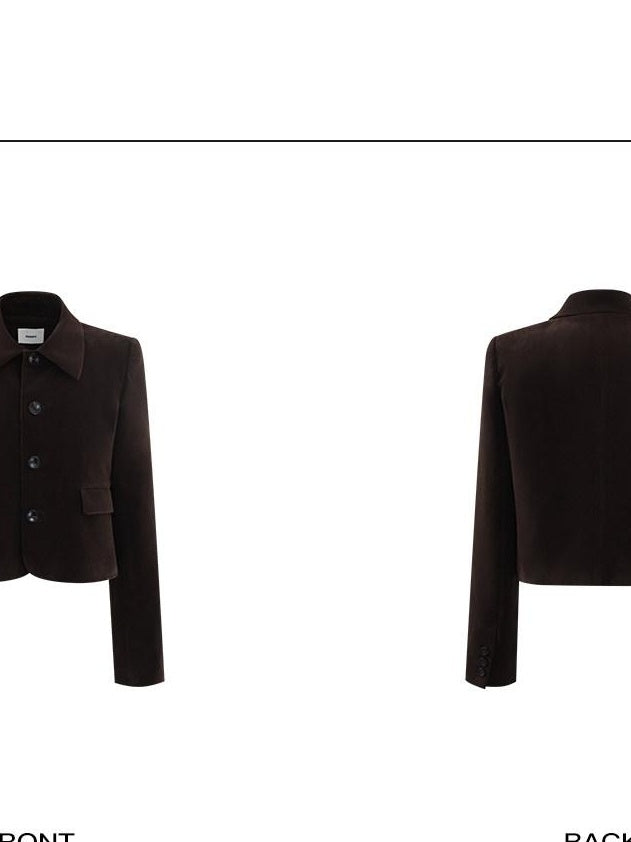 rovente Slim Minimal Viscose Turn Collar Button Women Brown Flap Pocket Copped Jackets