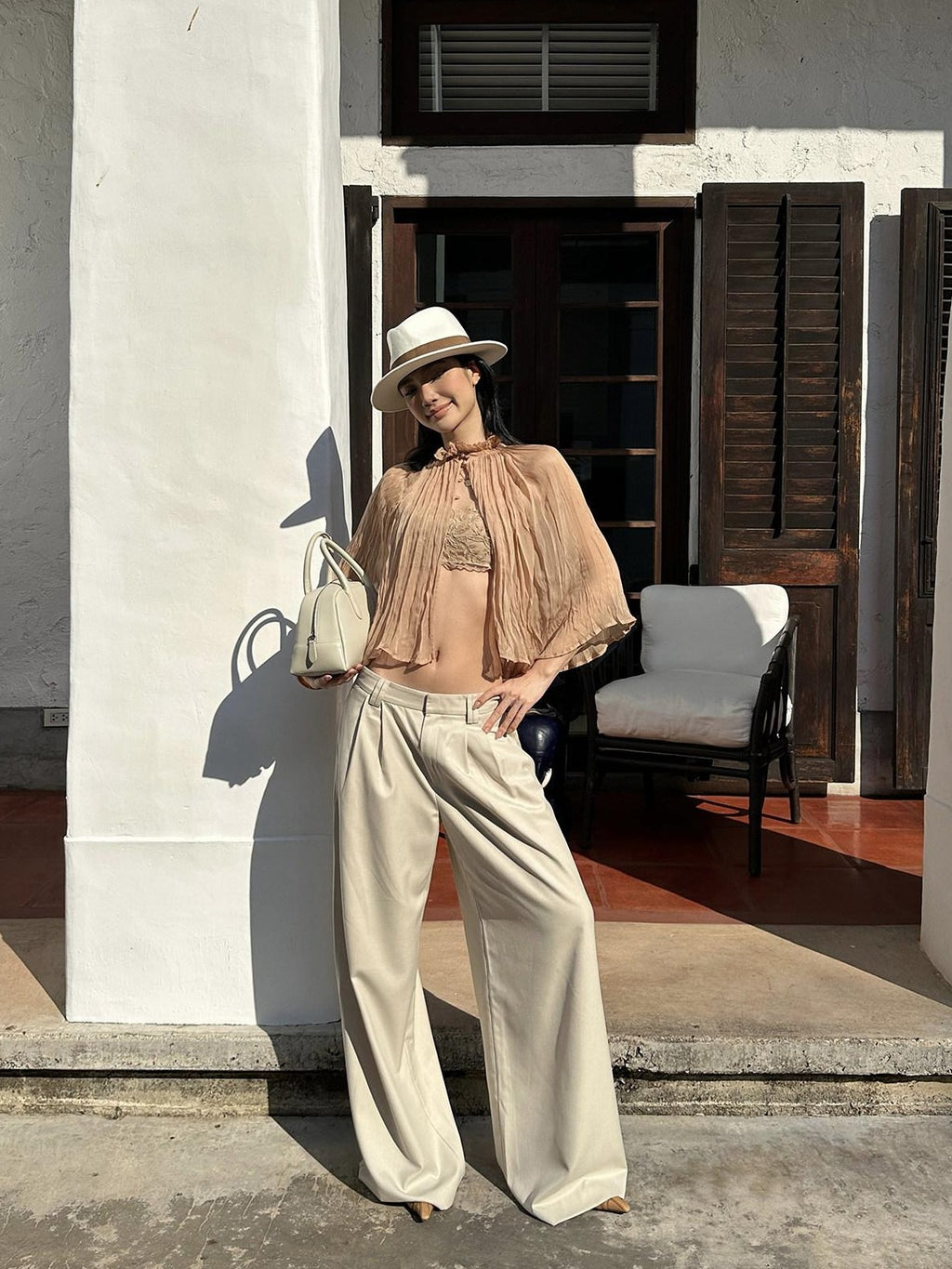 rovente Soft Stretch Beige Casual Simple Pockets Low Waist Woven Women Wide Leg Pants