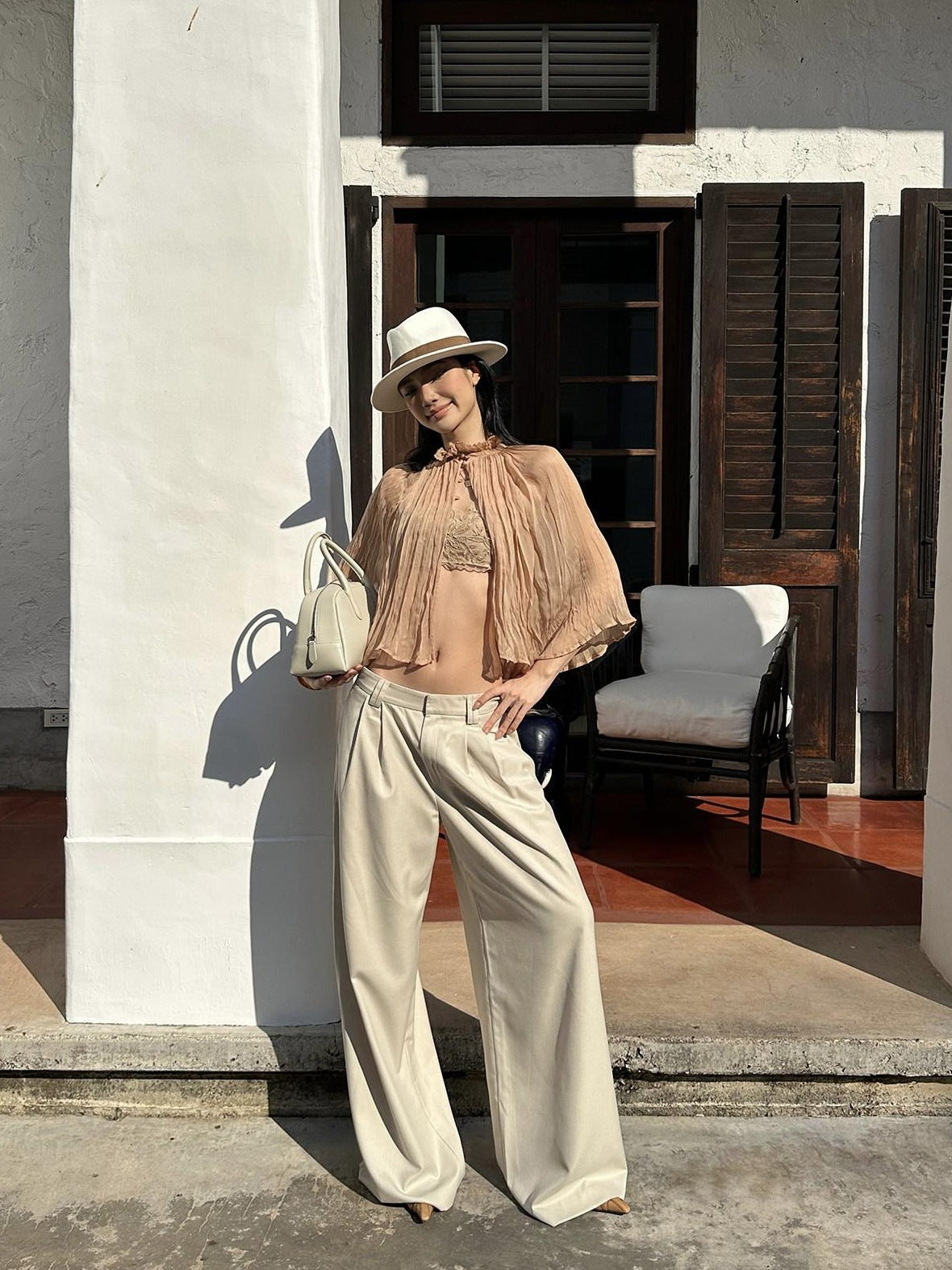 rovente Soft Stretch Beige Casual Simple Pockets Low Waist Woven Women Wide Leg Pants