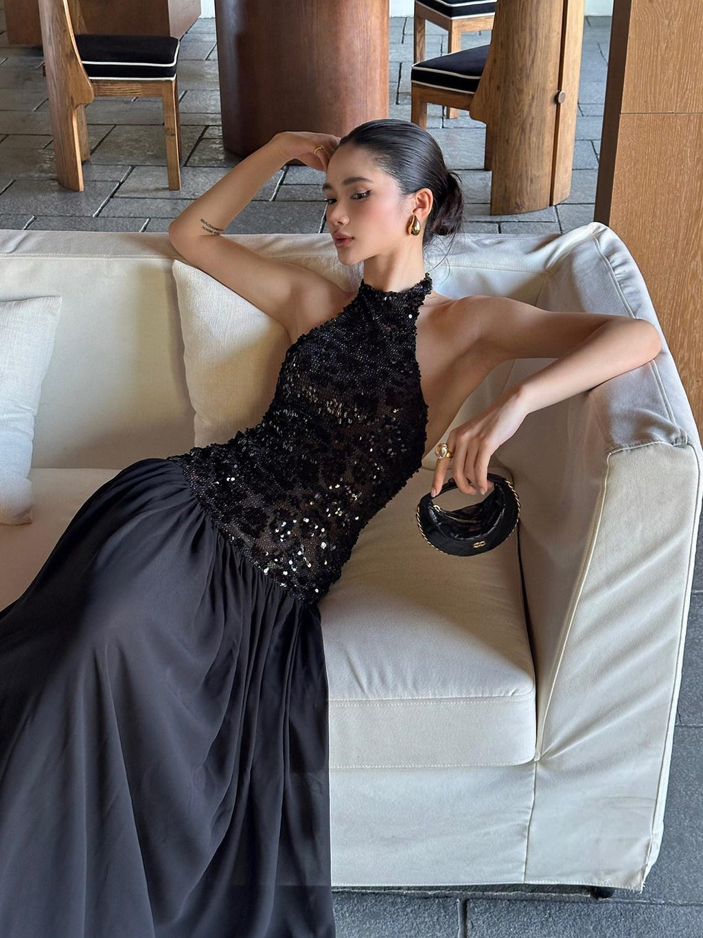 rovente Elegant Sequin Halter Natural Waist Party Black Stretch Maxi Desses