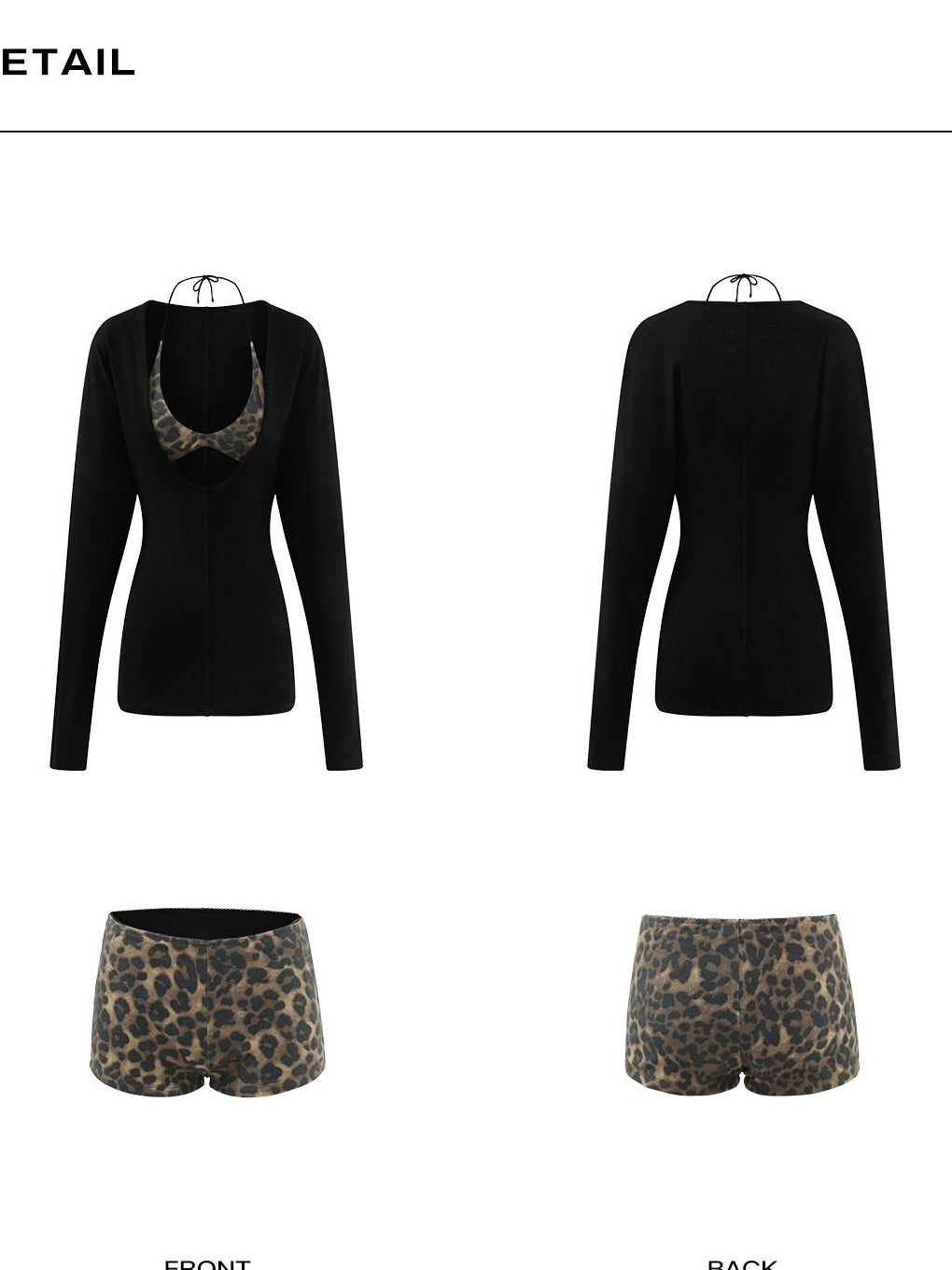 rovente V-neck Slim Knit Black With Leopard Tie Womens Casual Long Sleeve T-Shits
