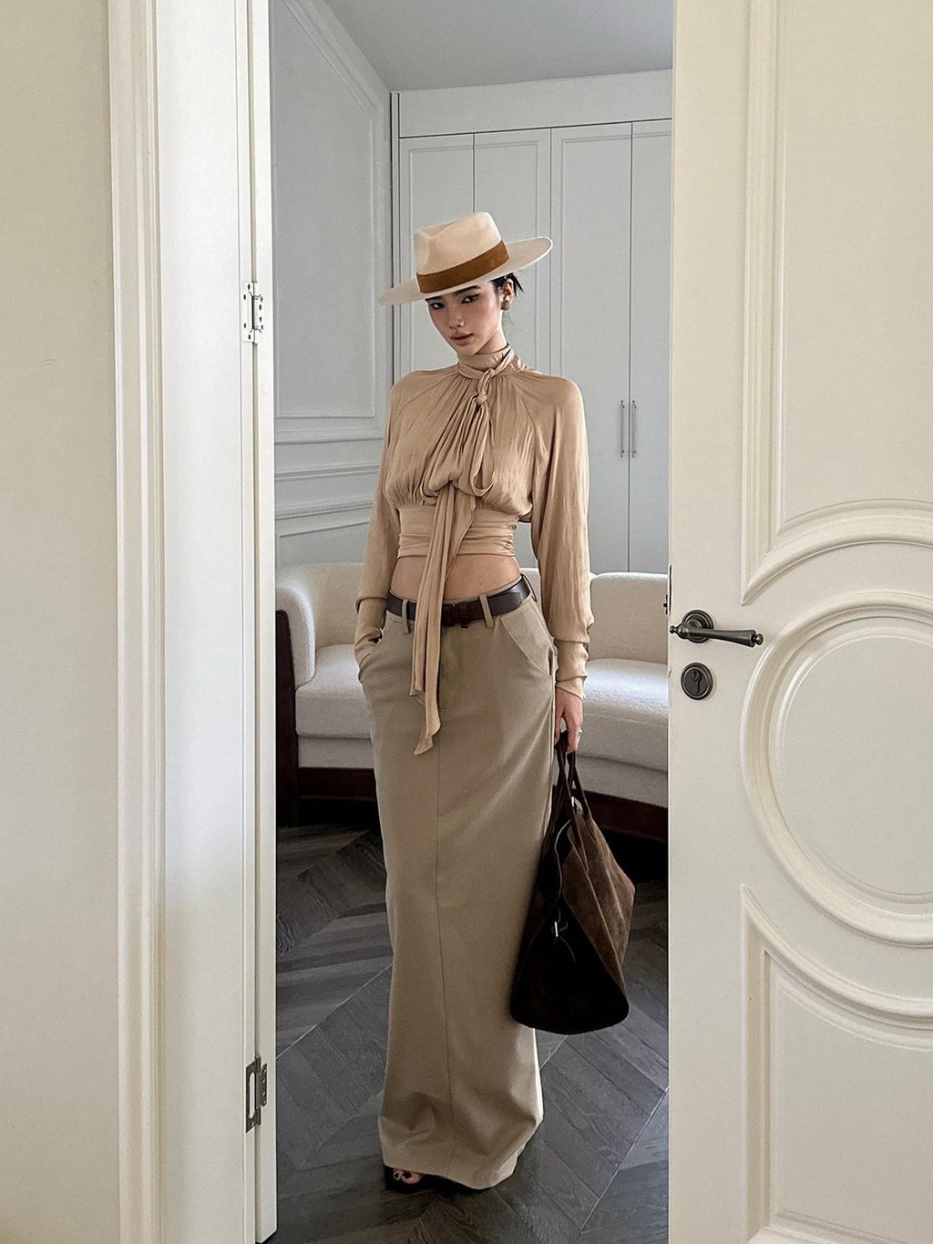 rovente Back Slit Mid Waist Khaki Casual H Cut Straight Poly Blend Maxi Skits
