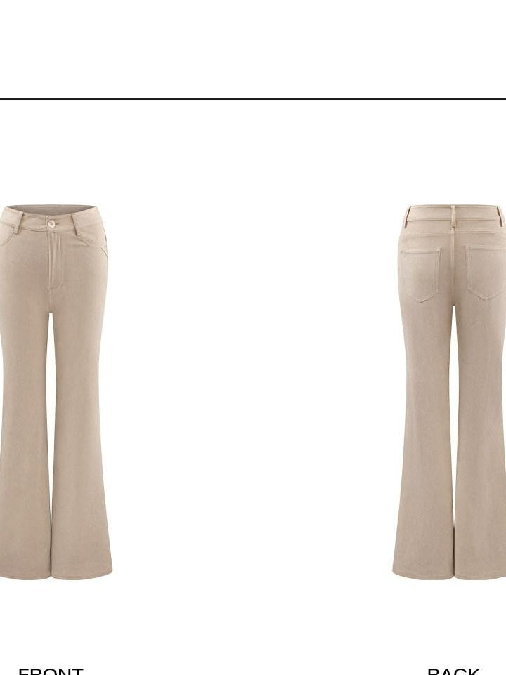rovente Minimalist Casual Slim Micro Flare Zipper Natural Waist Light Khaki Flaed Pants
