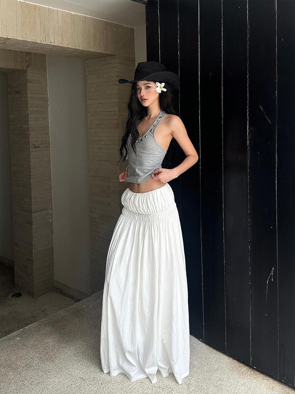 rovente Low Waist Cotton Nylon Versatile Loose H Line Mid Length White Maxi Skits