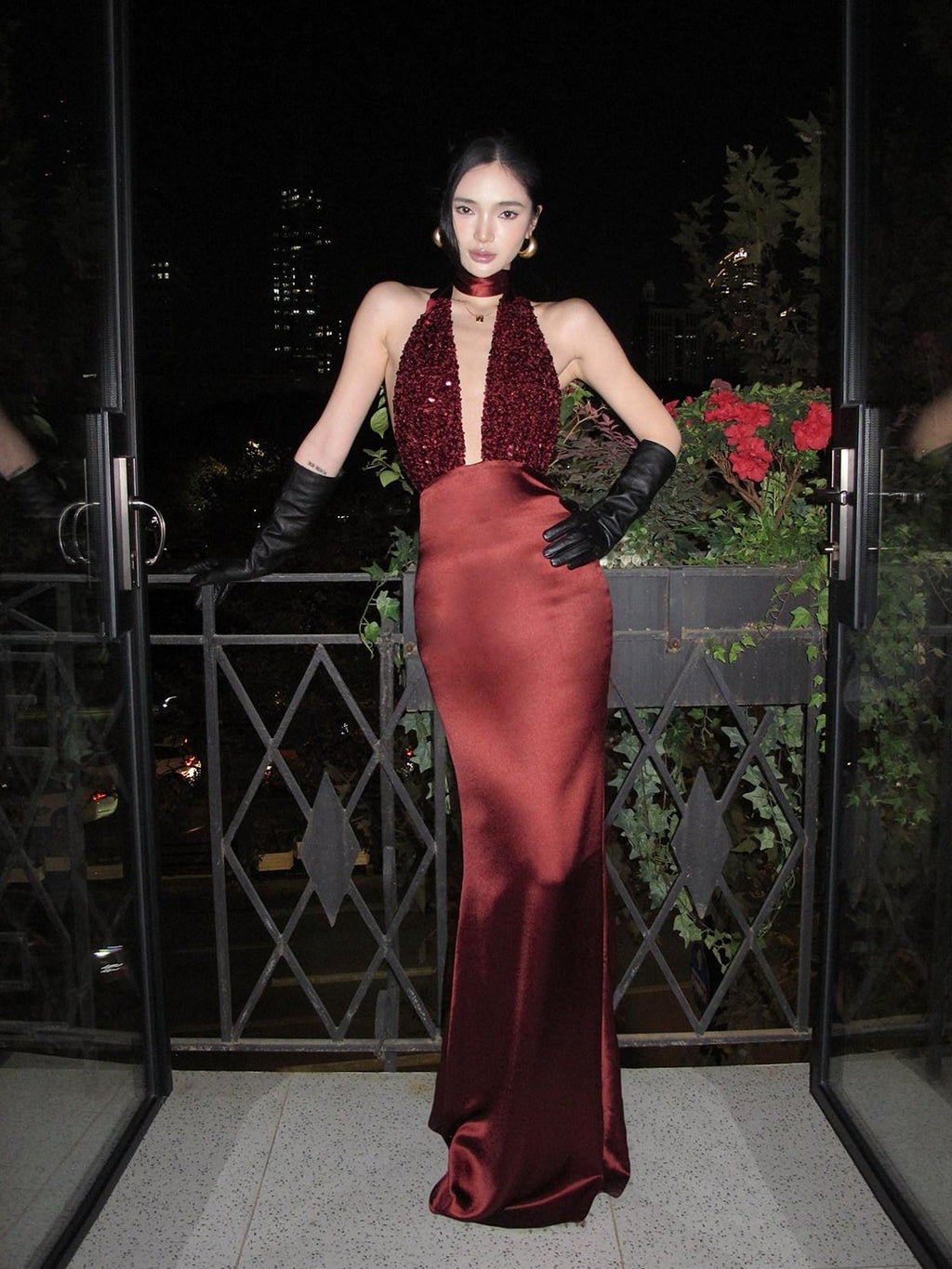 rovente Shimmer Sequin Halter Bodycon Sleeveless Women Evening Red Maxi Desses