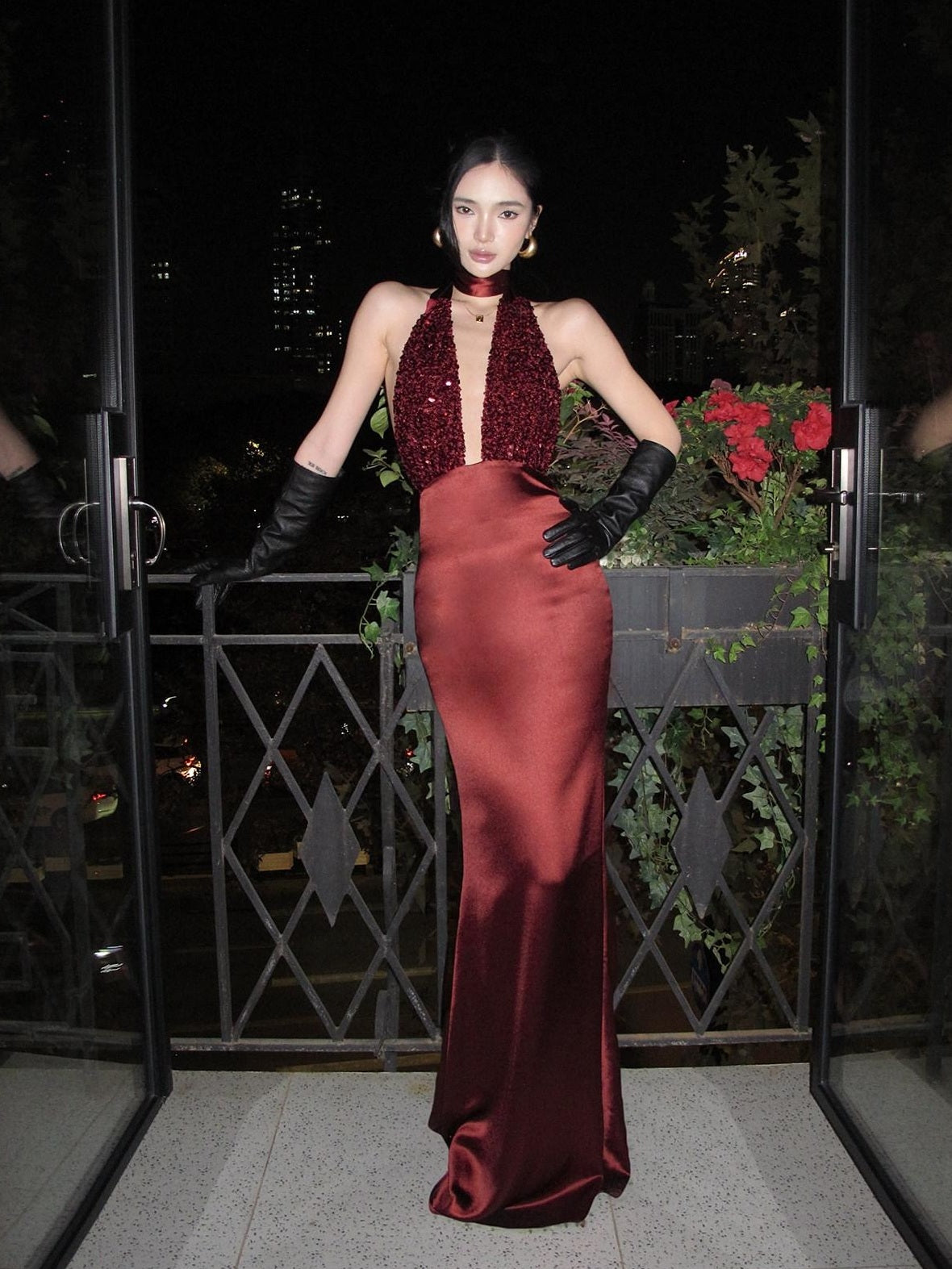 rovente Shimmer Sequin Halter Bodycon Sleeveless Women Evening Red Maxi Desses