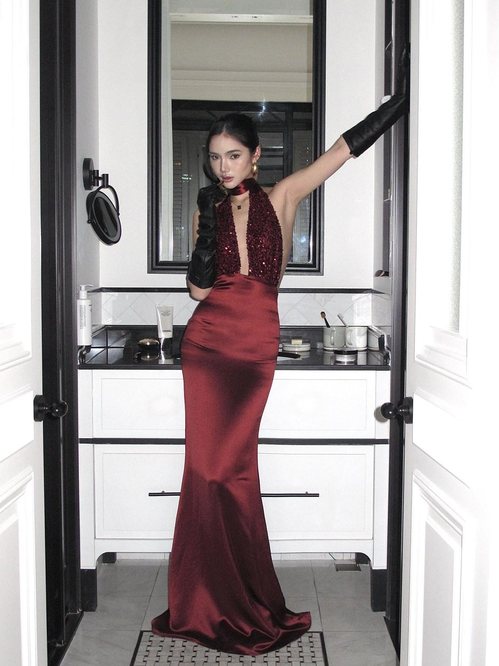 rovente Shimmer Sequin Halter Bodycon Sleeveless Women Evening Red Maxi Desses