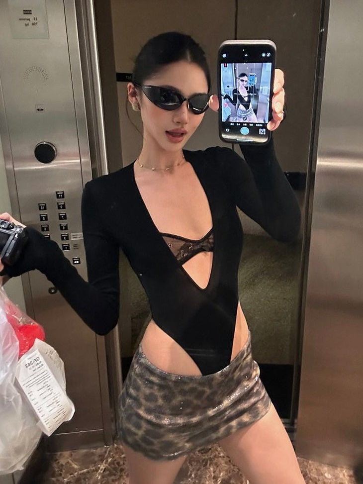 rovente Sexy V-neck Slim Fit Stretch Black Acetate Women Casual Long Sleeve T-Shits