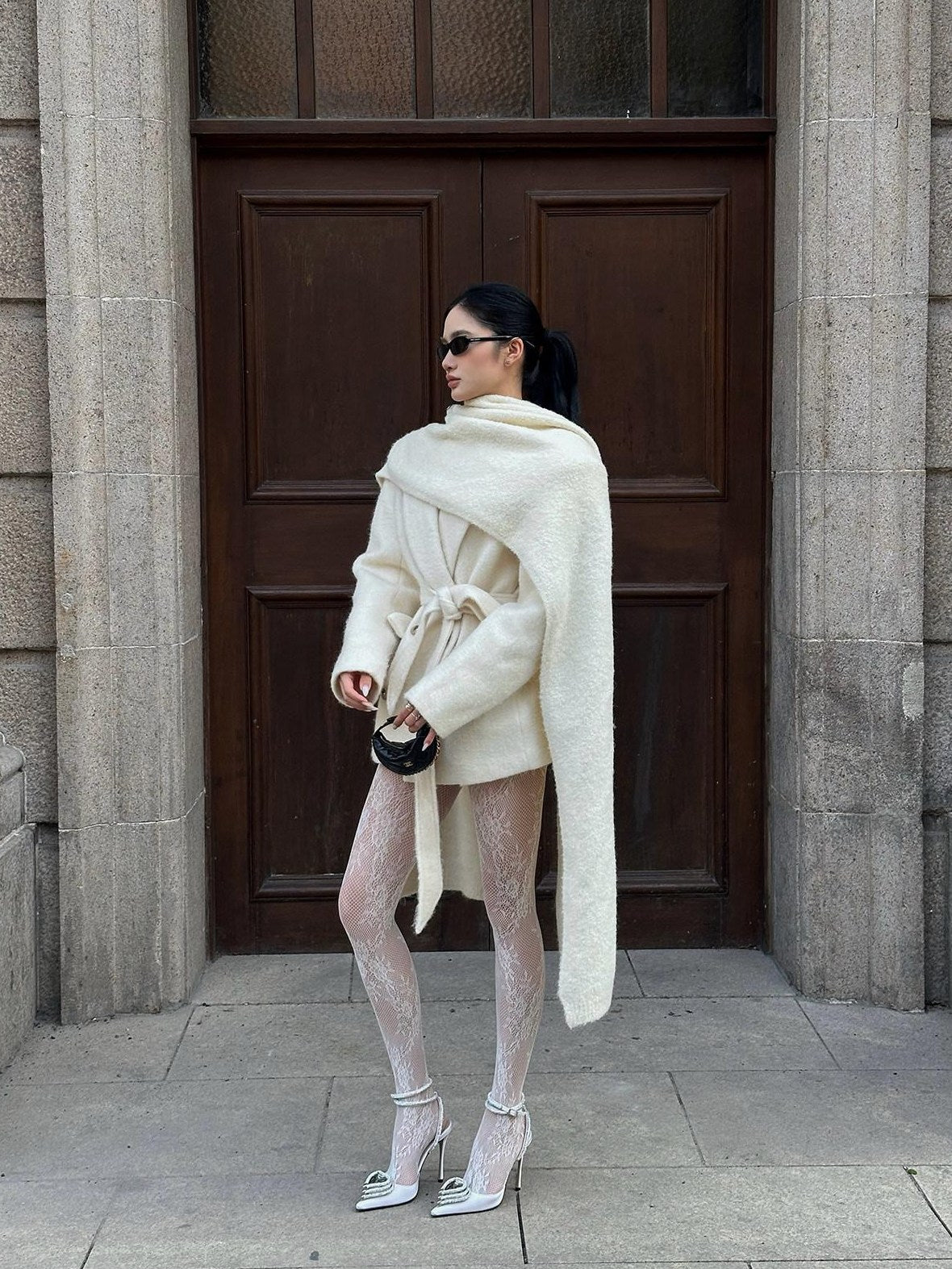 rovente Warm Wool Blend Double Breasted Oversized Commuter Women Ivory Shawl Wool Coats