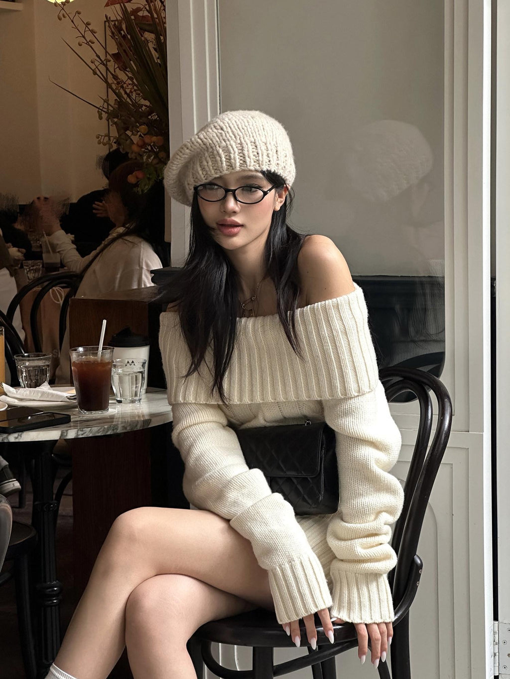 rovente Cozy Knit Off Shoulder Longsleeve Loose Fit Workwear Pullover Almond Mini Desses