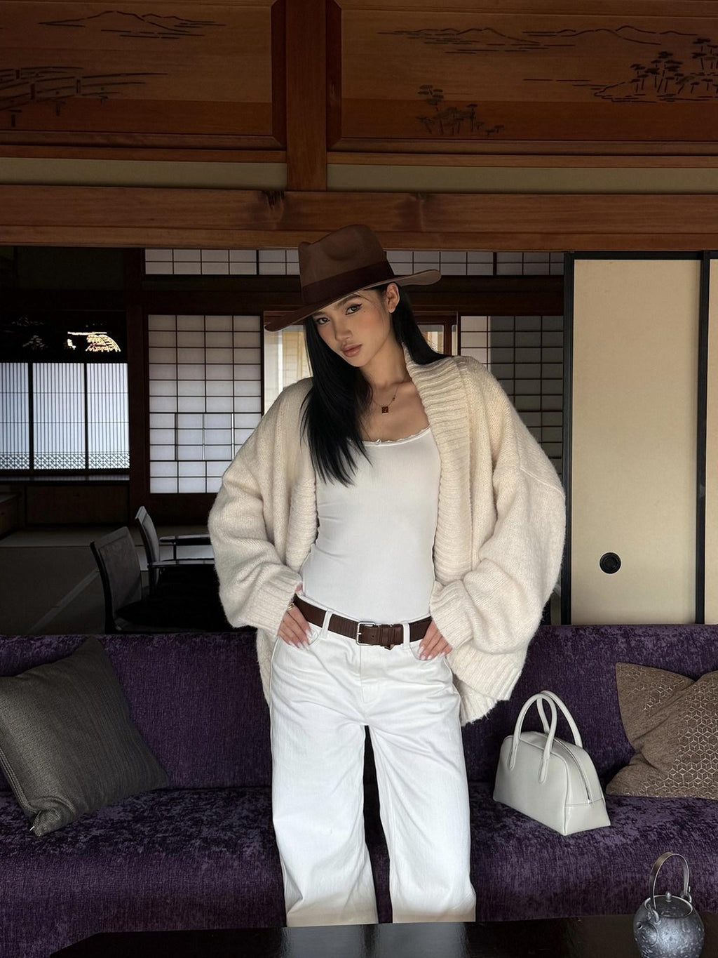 rovente Comfortable Soft Knit Asymmetrical Relaxed Fit For Women Daily White Cadigans