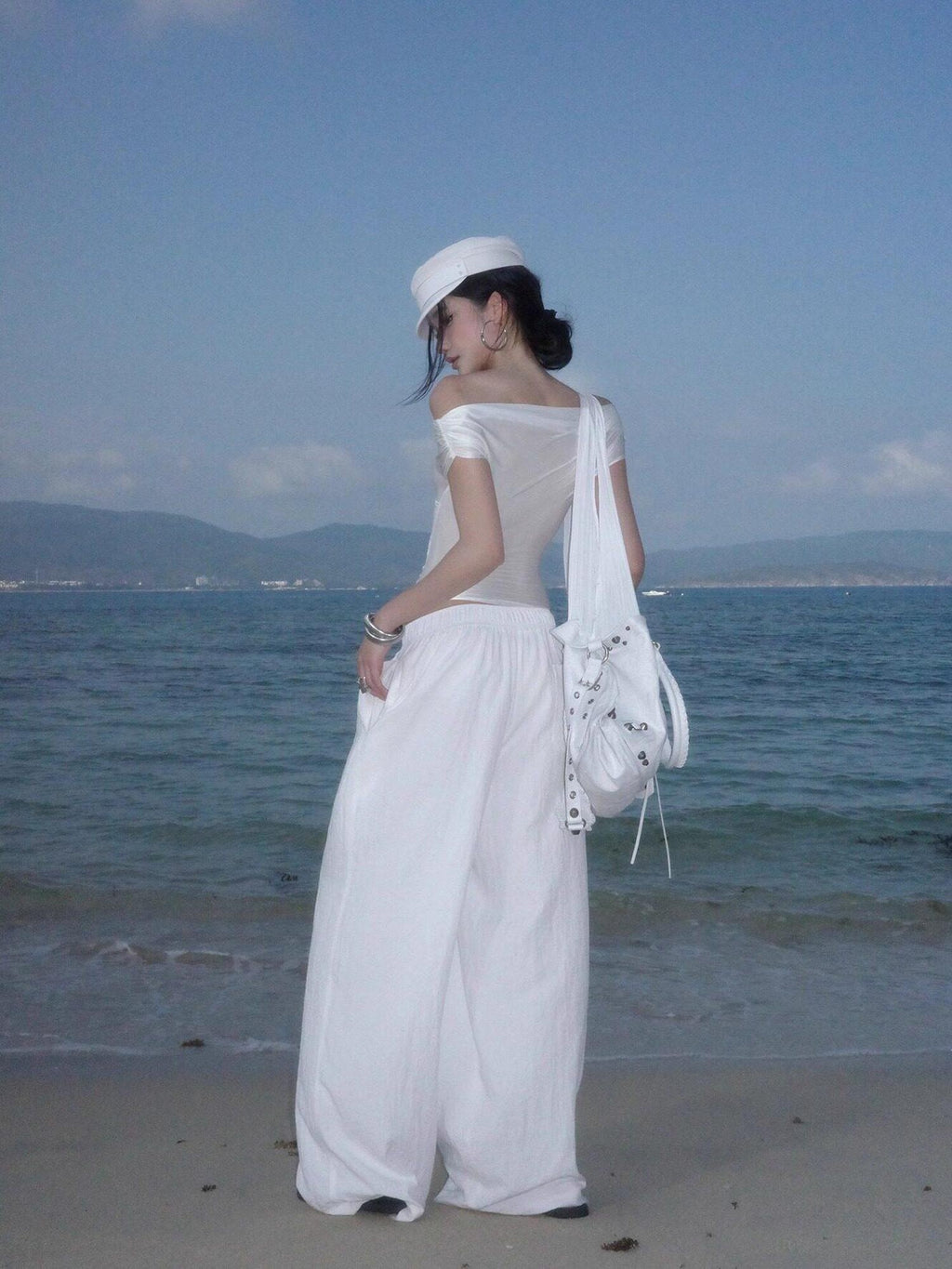 rovente Breathable Cotton Linen Blend Natural Waist Office Loose White Wide Leg Pants