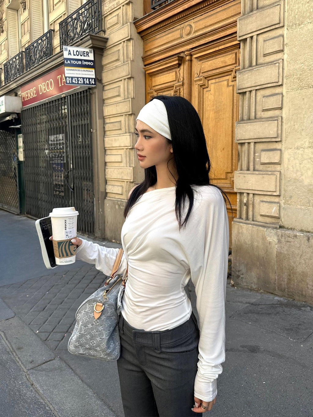 rovente Lyocell Stretch Minimal Loose Diagonal Neck Women Black Long Sleeve T-Shits