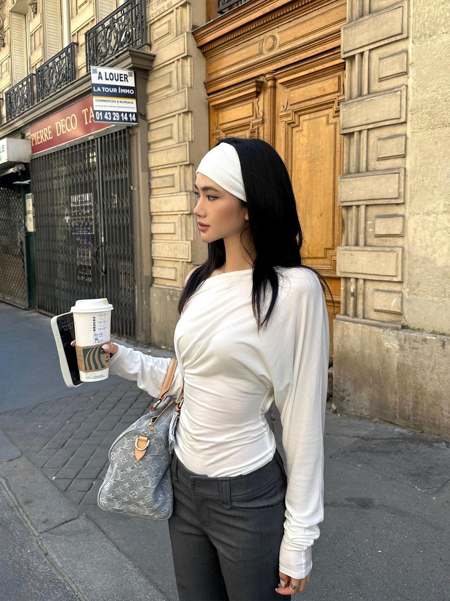 rovente Lyocell Stretch Minimal Loose Diagonal Neck Women Black Long Sleeve T-Shits