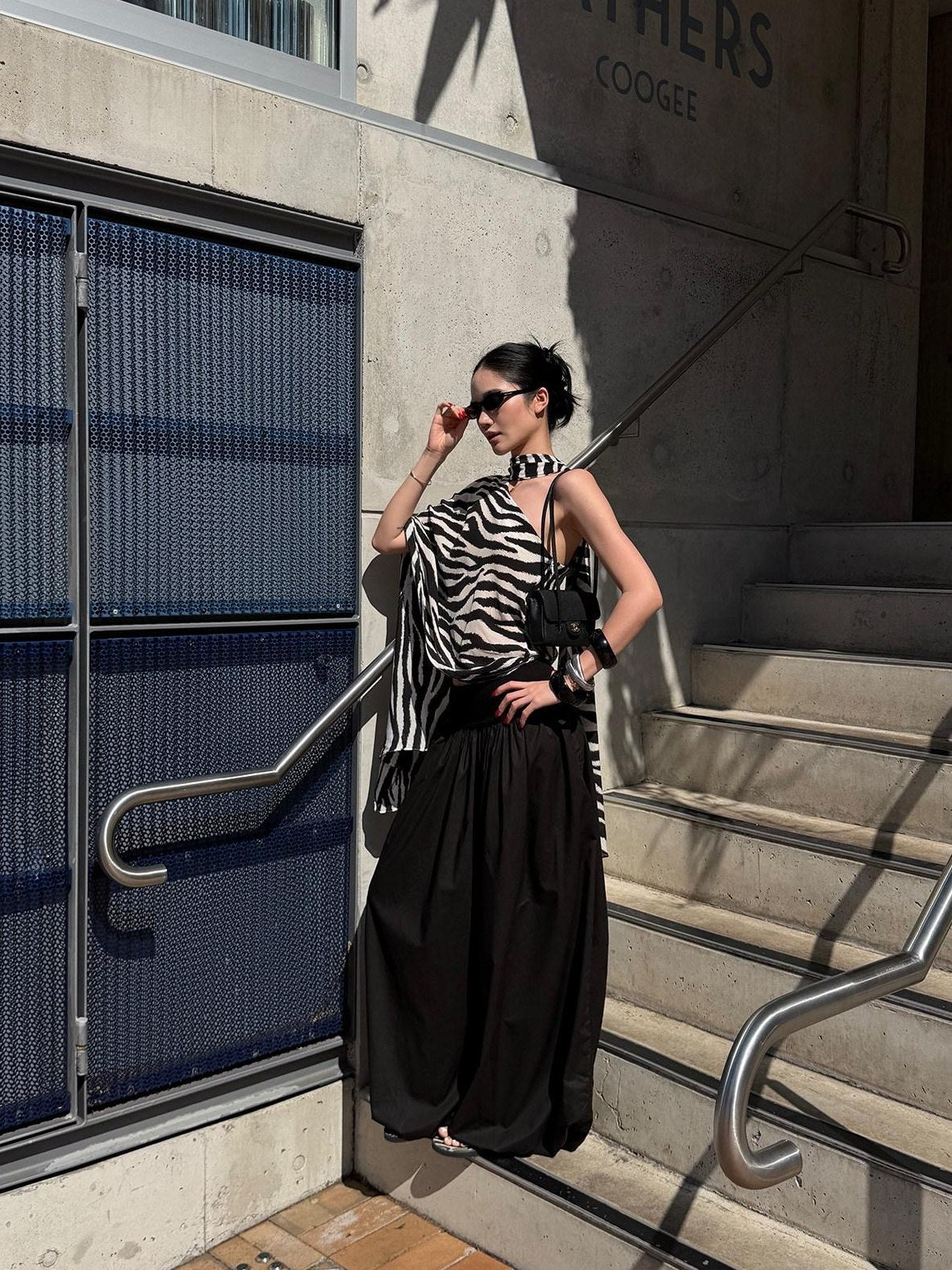 rovente Black White Zebra Contrast Loose Sleeveless Slant Neck Rayon Off Shoulde Cop Tops