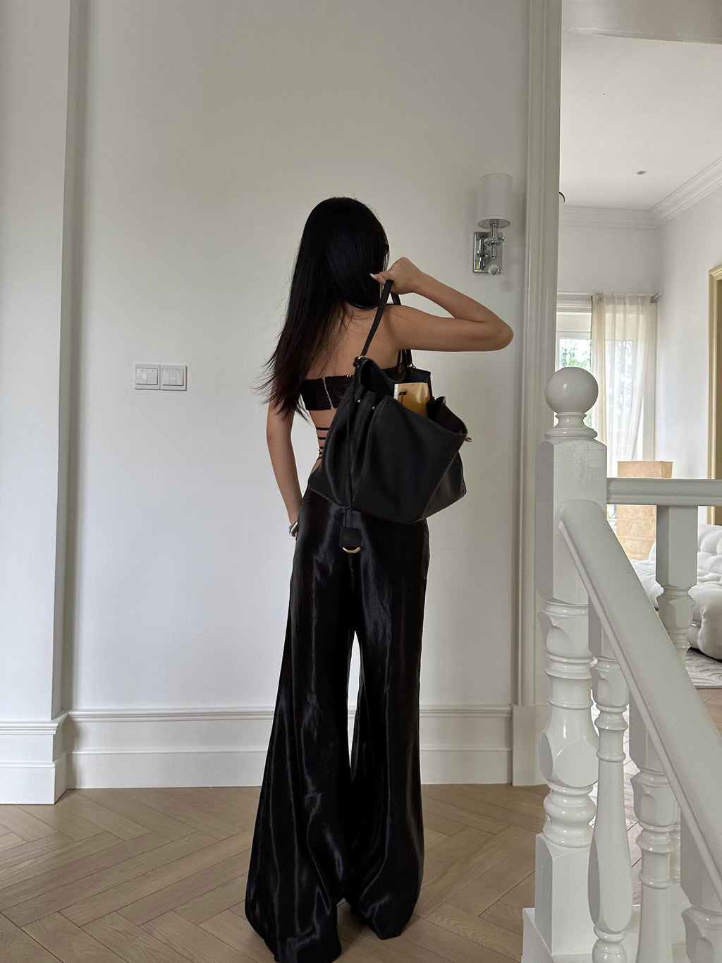 rovente Satin Viscose Minimal Commuter Pockets Natural Waist Women Black Wide Leg Pants