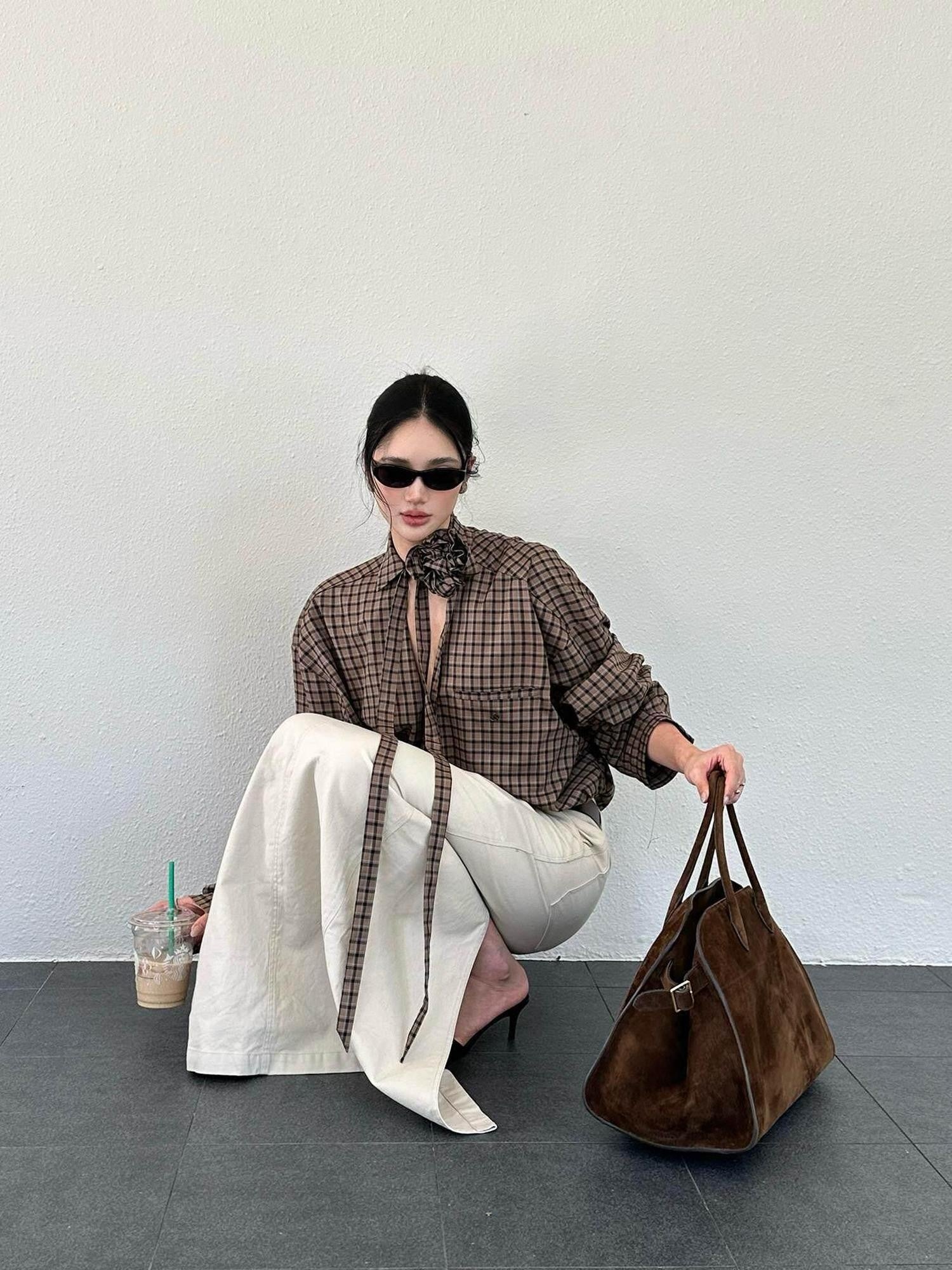 rovente Soft Viscose Stretch Casual Loose V-neck Long Sleeve Women Plaid Pullover Shits