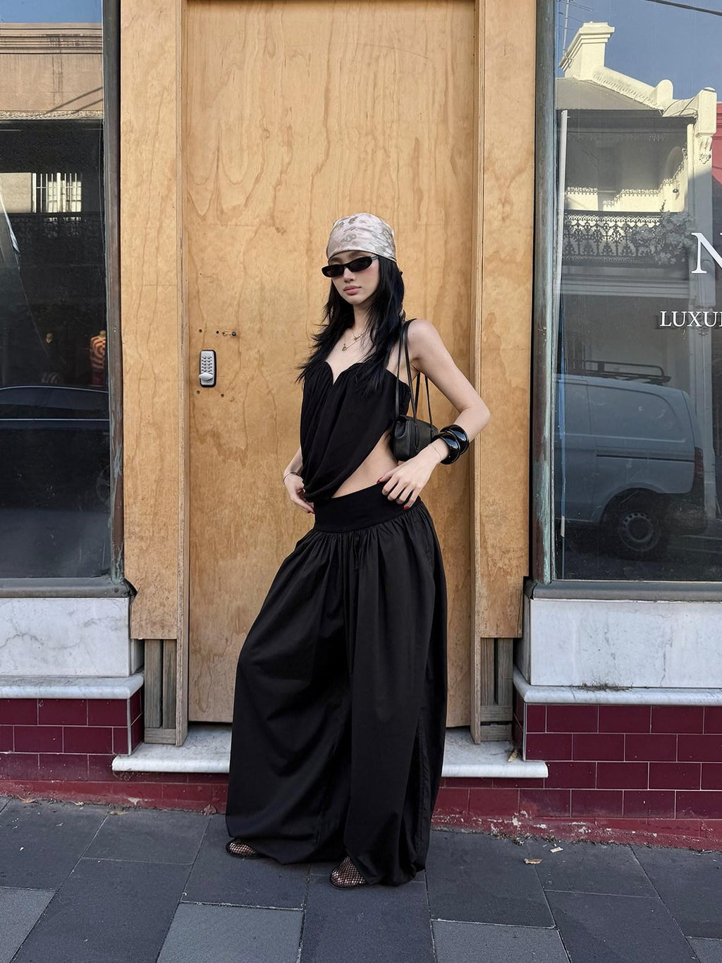 rovente Lyocell Blend Casual Minimal Elastic Waist Pockets Women Black Wide Leg Pants