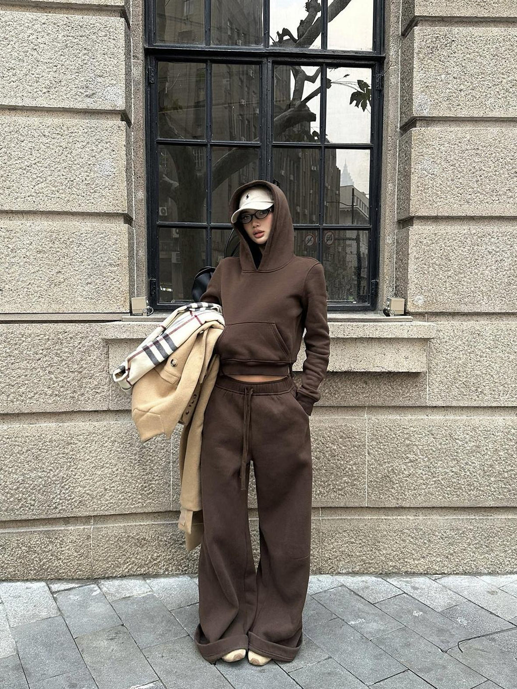 rovente Warm Cotton Blend Loose Fit Hooded Two Piece Casual Women Coffee Hoodie