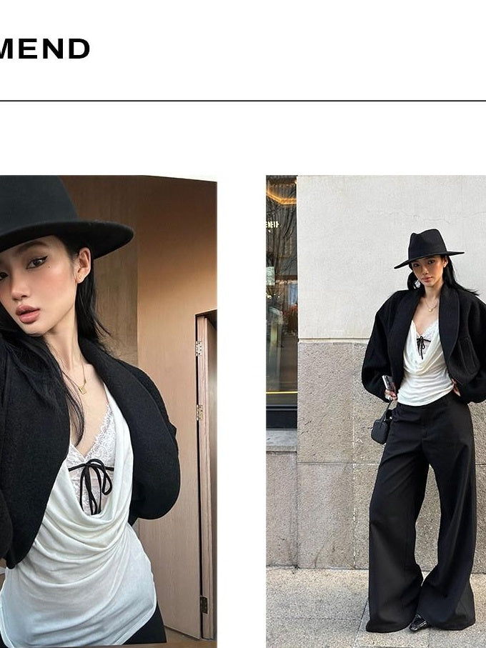 rovente Slim Waist Minimal Lyocell Wool V-neck Black White Long Sleeve T-Shits